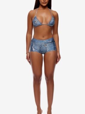 Denim-Print Blue Triangle Bikini Top & low Rise Shorts